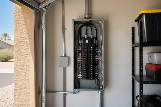 Federal Pacific Panel Replacement with new breakers and wiring in a Tempe, AZ residential garage.