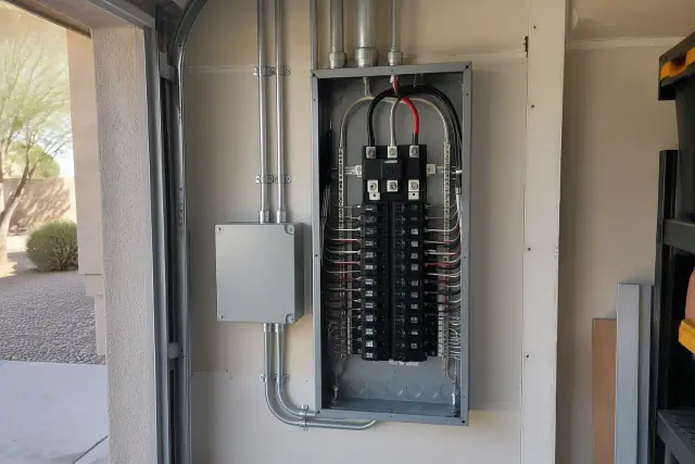 New electrical panel replacement inside a residential garage in Peoria, AZ.
