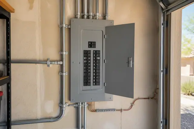 Federal Pacific panel replacement with new conduit and grounding wires in a Scottsdale, AZ garage.