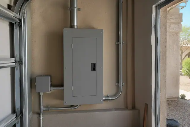 Newly mounted electrical panel with metal conduit in a Phoenix, AZ garage.