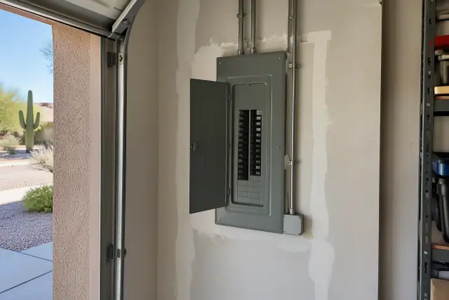 New electrical breaker panel installed on a garage wall in Phoenix, AZ, with fresh drywall patch repairs.