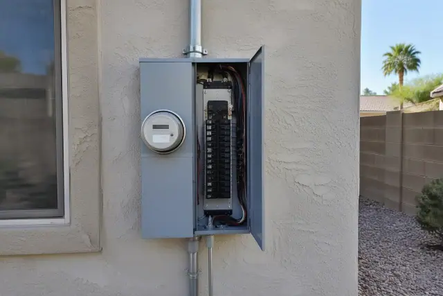 Federal Pacific panel replacement with new breakers and conduit on an outdoor stucco wall in Glendale, AZ.