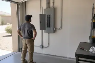 Technician inspecting a Federal Pacific panel replacement on a garage wall in Phoenix, AZ.