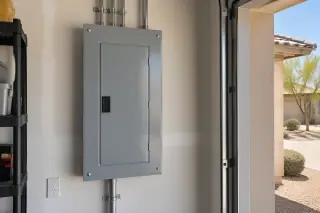 Finished electrical panel and conduit on a garage wall in Phoenix, AZ.