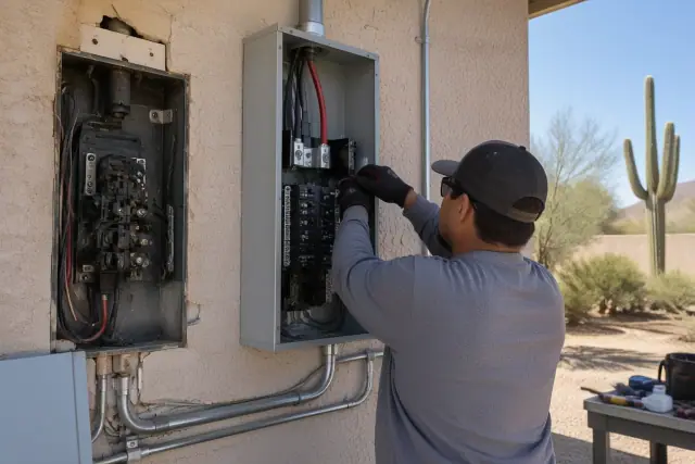 Federal Pacific and Zinsco panel replacement underway on a stucco wall in Phoenix, AZ.