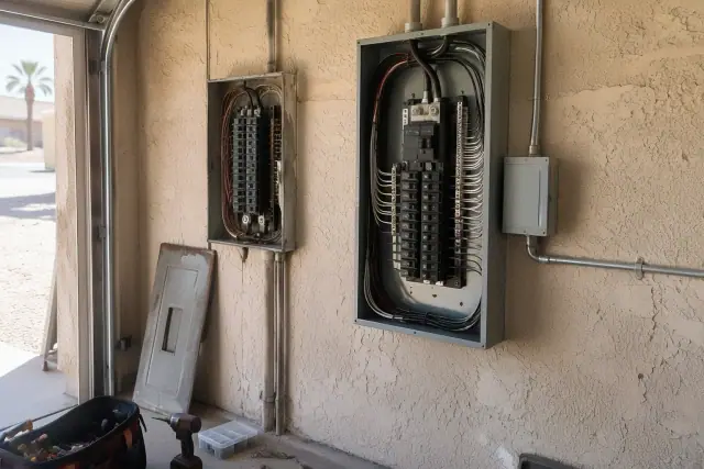 Federal Pacific and Zinsco panel replacement in a Phoenix, AZ residential garage.