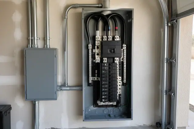 Fuse box and 400 amp service upgrade in Phoenix, AZ, showing a gray steel breaker cabinet on a garage drywall partition.