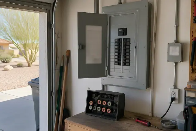 New electrical breaker box installed on a garage wall in Phoenix, AZ, with an old fuse box on the workbench.