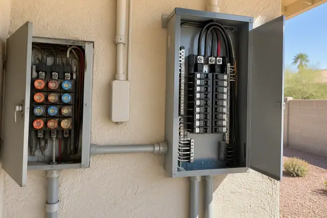 Fuse box replacement and conversion with a Zinsco panel upgrade on a wall in Phoenix, AZ.