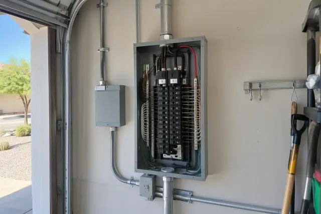 Fuse box replacement and electrical panel conversion on a garage wall in Scottsdale, AZ.