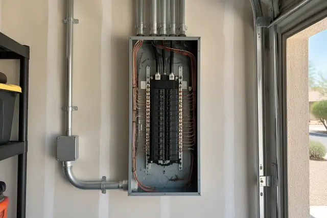 Upgraded electrical panel and conduit in a residential garage in Buckeye, AZ.