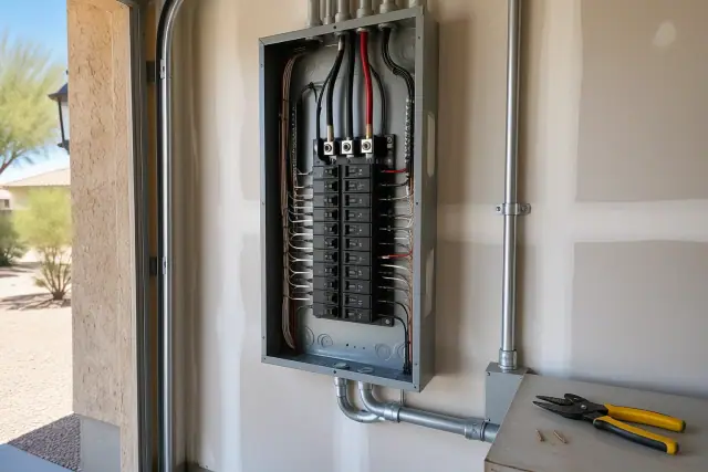 Fuse box replacement and electrical panel conversion in a residential garage in Surprise, AZ.