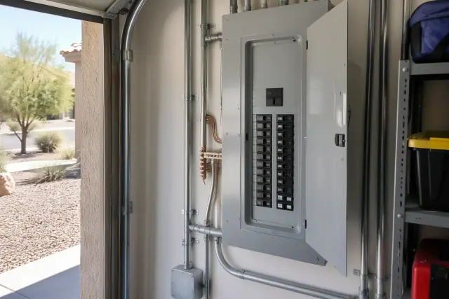 Fuse box replacement and electrical panel conversion in a Peoria, AZ garage.