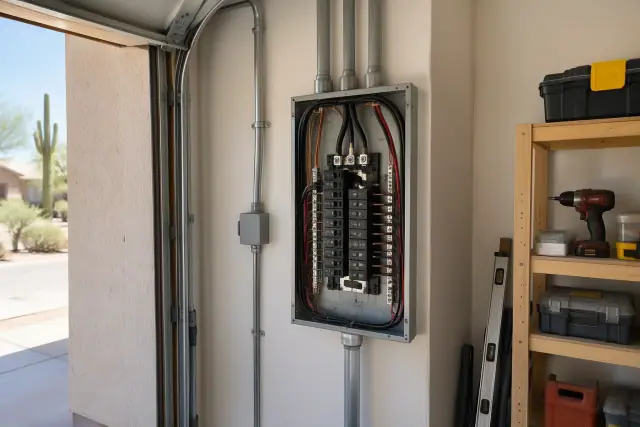 Newly wired electrical breaker panel on a garage wall in Phoenix, AZ.