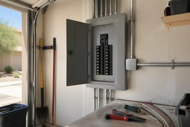Electrician's progress photo of a fuse box replacement and electrical panel conversion in Avondale, AZ.