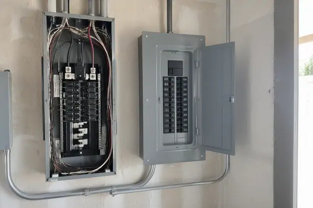 Fuse box replacement and electrical panel conversion in a Gilbert, AZ garage.