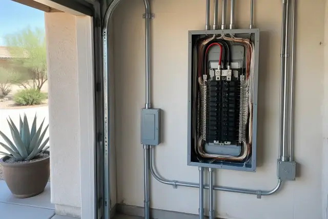 New residential breaker box with copper wiring and conduit in a Phoenix, AZ garage.