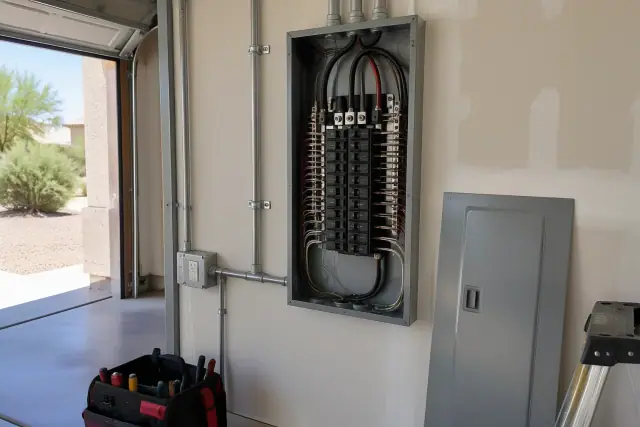 Fuse box replacement and electrical panel conversion in a residential garage in Mesa, AZ.