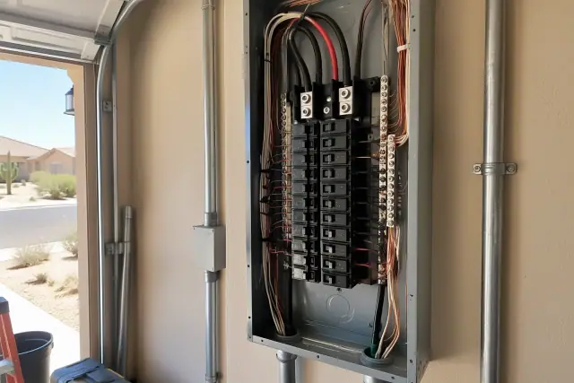 Contractor photo of an electrical panel fuse box replacement and wiring in a Chandler, AZ garage.