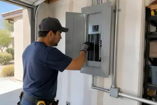 Service professional inspecting a fuse box replacement on a stucco wall in Phoenix, AZ.