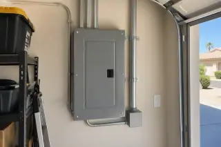 Conduit and breaker enclosure on an interior garage drywall partition in Phoenix, AZ.