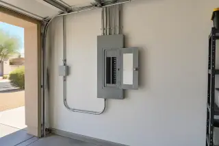 Wide view of a finished main distribution breaker enclosure and conduit on a garage wall in Phoenix, AZ.