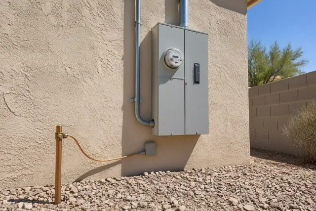 Heavy-gauge copper bonding wire clamped to a ground rod next to a utility meter in Phoenix, AZ.