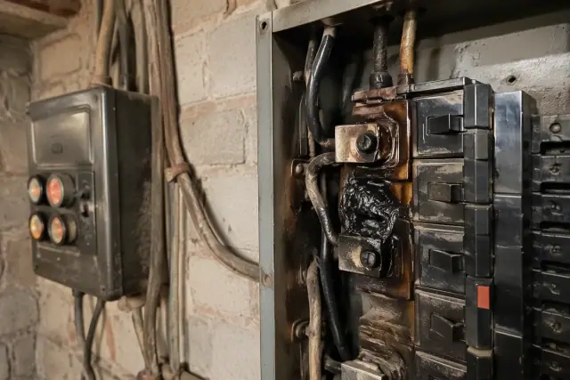 Heat damage on a Zinsco breaker connection with melted plastic and discolored terminals in Phoenix, AZ.