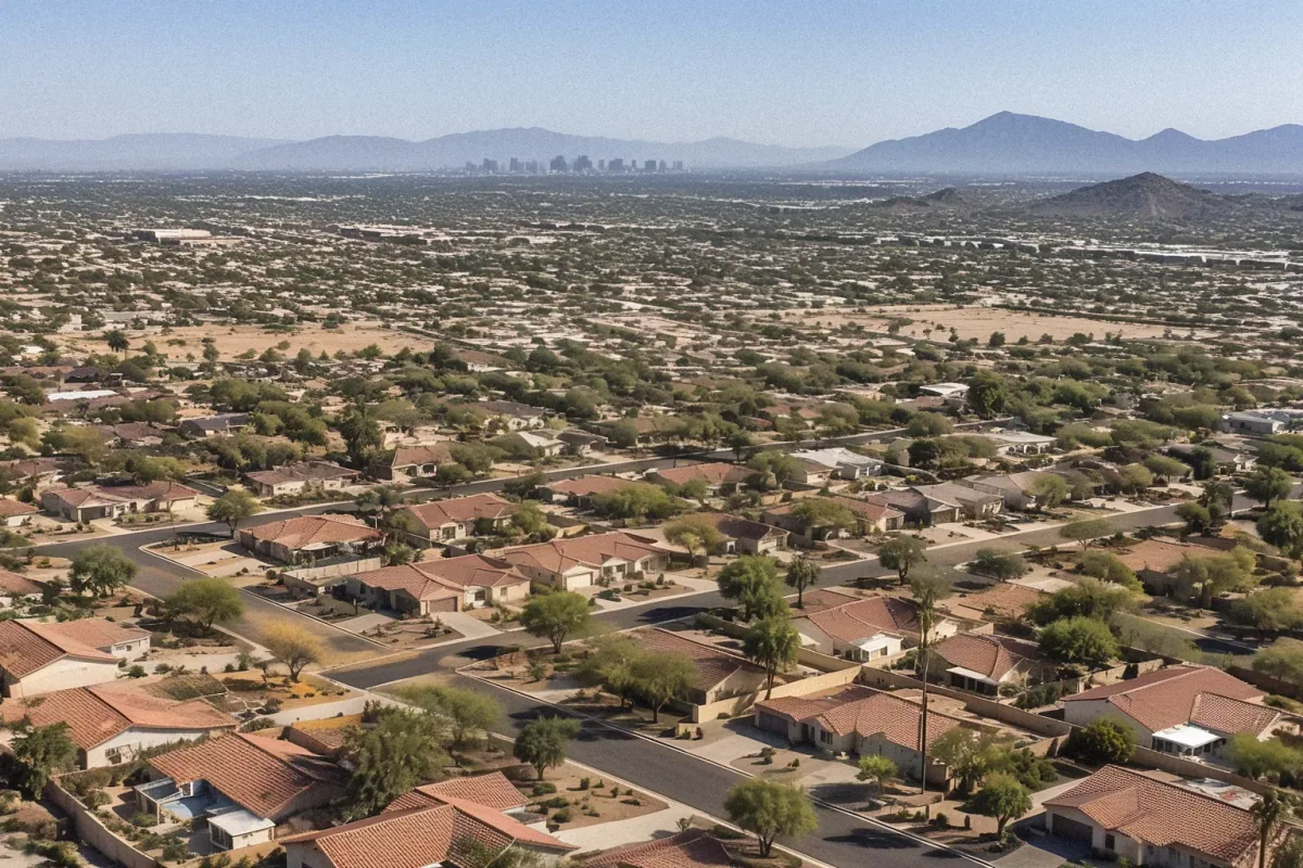 Wide drone view of suburban neighborhoods with red tile roofs and desert landscaping in Phoenix, AZ.