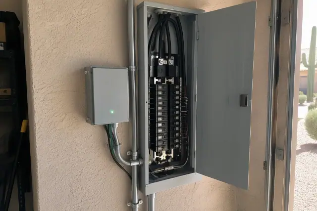 Whole house surge protection device mounted beside an electrical panel on a stucco wall in Phoenix, AZ.