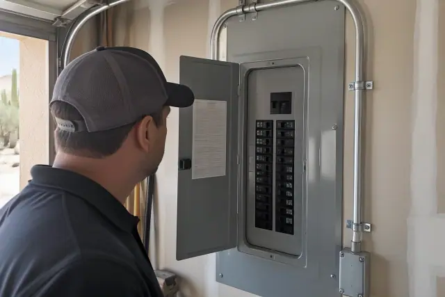Inspector checking a 200 amp panel circuit directory in a residential garage in Phoenix, AZ.