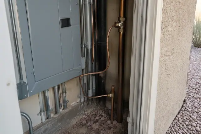 Electrical panel with copper grounding wires inside a utility closet in Phoenix, AZ.