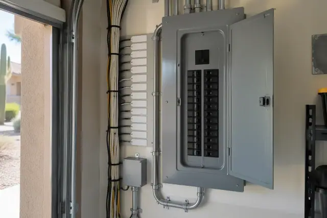 Electrical panel replacement with neat wire bundles and blank labels in Phoenix, AZ.