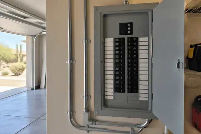 Contractor progress photo of a subpanel circuit breaker enclosure in a Phoenix, AZ garage.