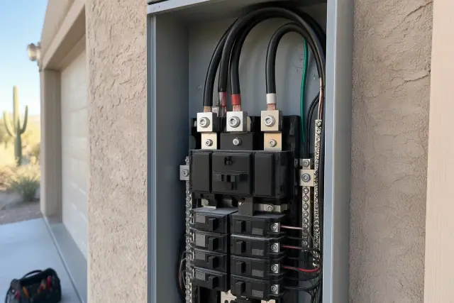Main breakers mounted on a stucco garage wall during a circuit breaker repair in Phoenix, AZ.