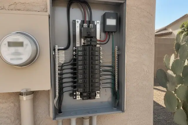 Main electrical panel surge protection installation on a stucco home exterior in Phoenix, AZ.