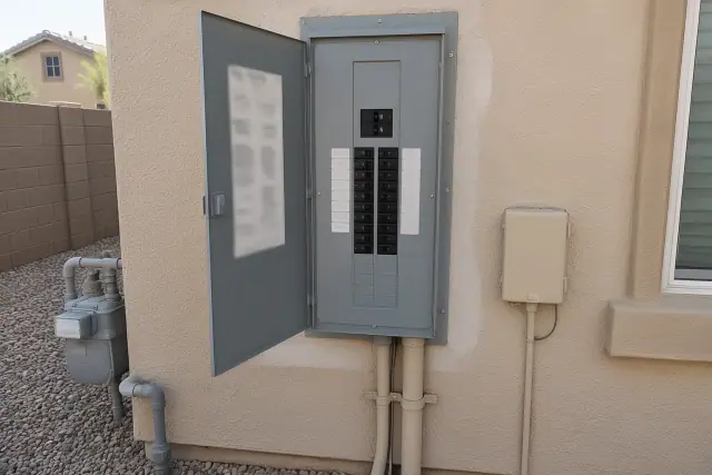 New 200 amp main breaker cabinet installation on a stucco home exterior in Phoenix, AZ.