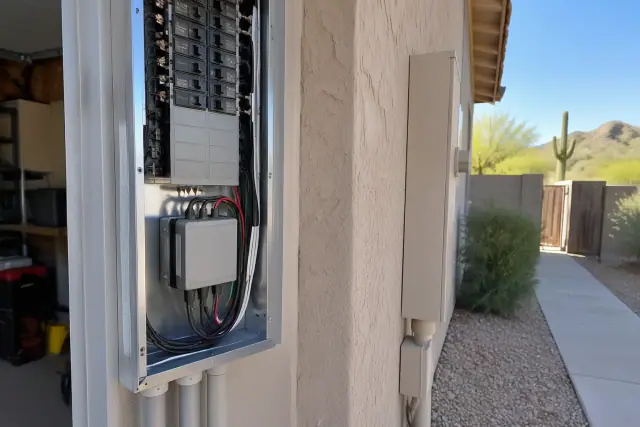 Whole house surge protector installation on a stucco garage in Phoenix, AZ.