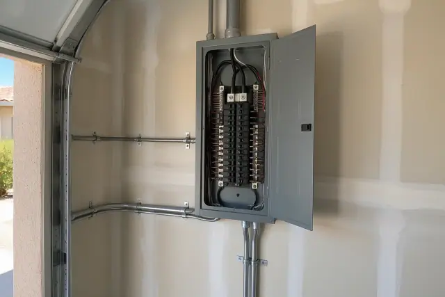 Electrical panel with conduit mounted on a garage wall in Phoenix, AZ.