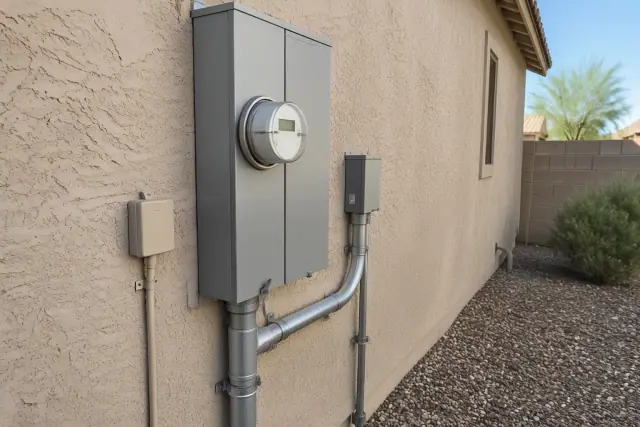 Meter base and conduit fittings installed on a stucco wall for a 200 amp service upgrade in Phoenix, AZ.