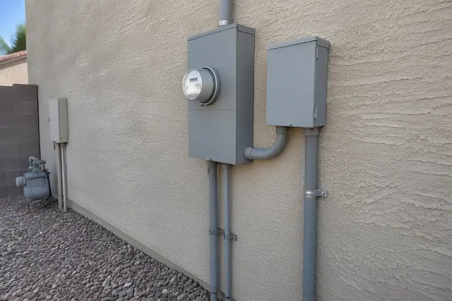 Meter box replacement and surge protection on a stucco exterior wall in Phoenix, AZ.
