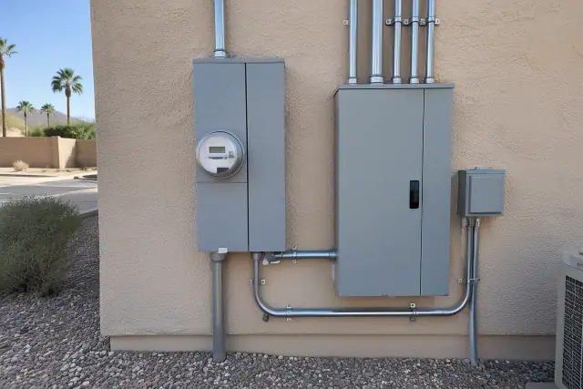 Meter box replacement on a stucco exterior wall in Phoenix, AZ, with metal conduit fittings.