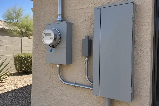 Meter replacement and surge protection on a stucco wall in Phoenix, AZ.