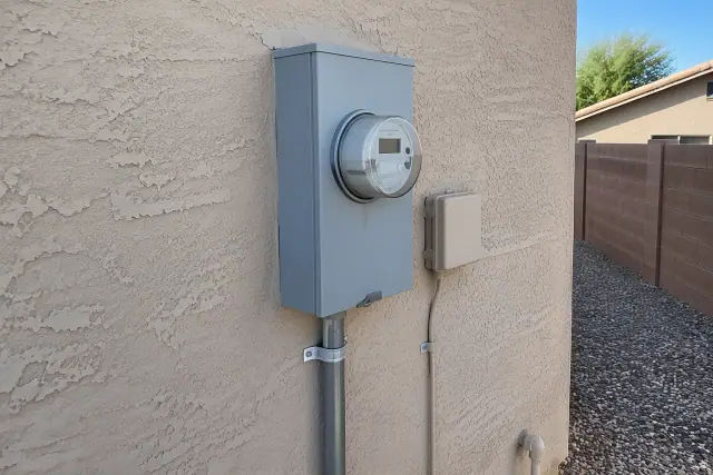 New meter socket and conduit fittings on a stucco wall in Phoenix, AZ.