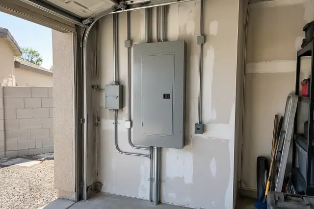 Upgraded main breaker enclosure on a garage wall in Phoenix, AZ, with fresh drywall and conduit.