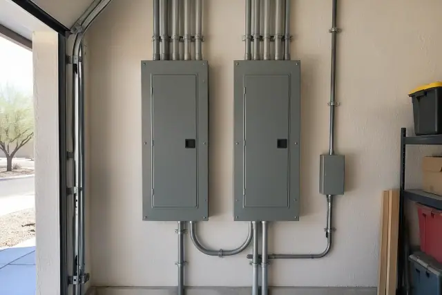 Two 200 amp electrical panels installed side by side on a garage wall in Phoenix, AZ.
