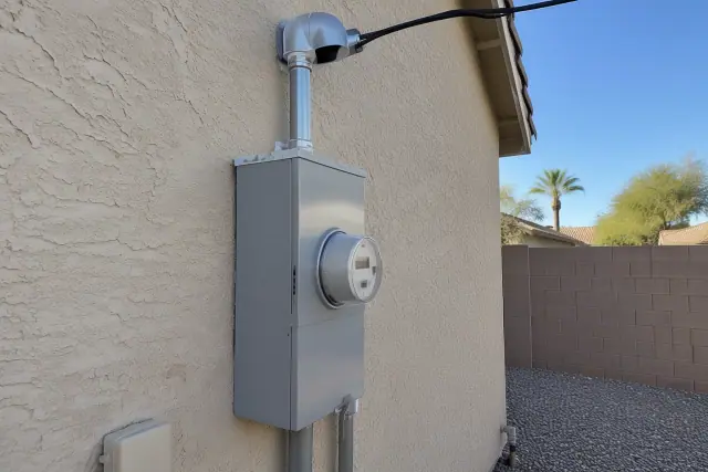 Outdoor electrical meter box enclosure, weatherhead, and mast work in Phoenix, AZ.