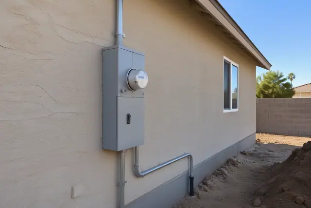 Utility meter socket and overhead conduit mounted on a stucco wall in Phoenix, AZ.
