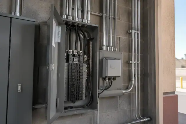 Panel and equipment surge protection installed in a commercial utility room in Phoenix, AZ.