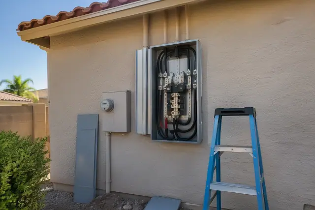 Contractor progress photo of a fuse box replacement plan on a stucco wall in Phoenix, AZ.